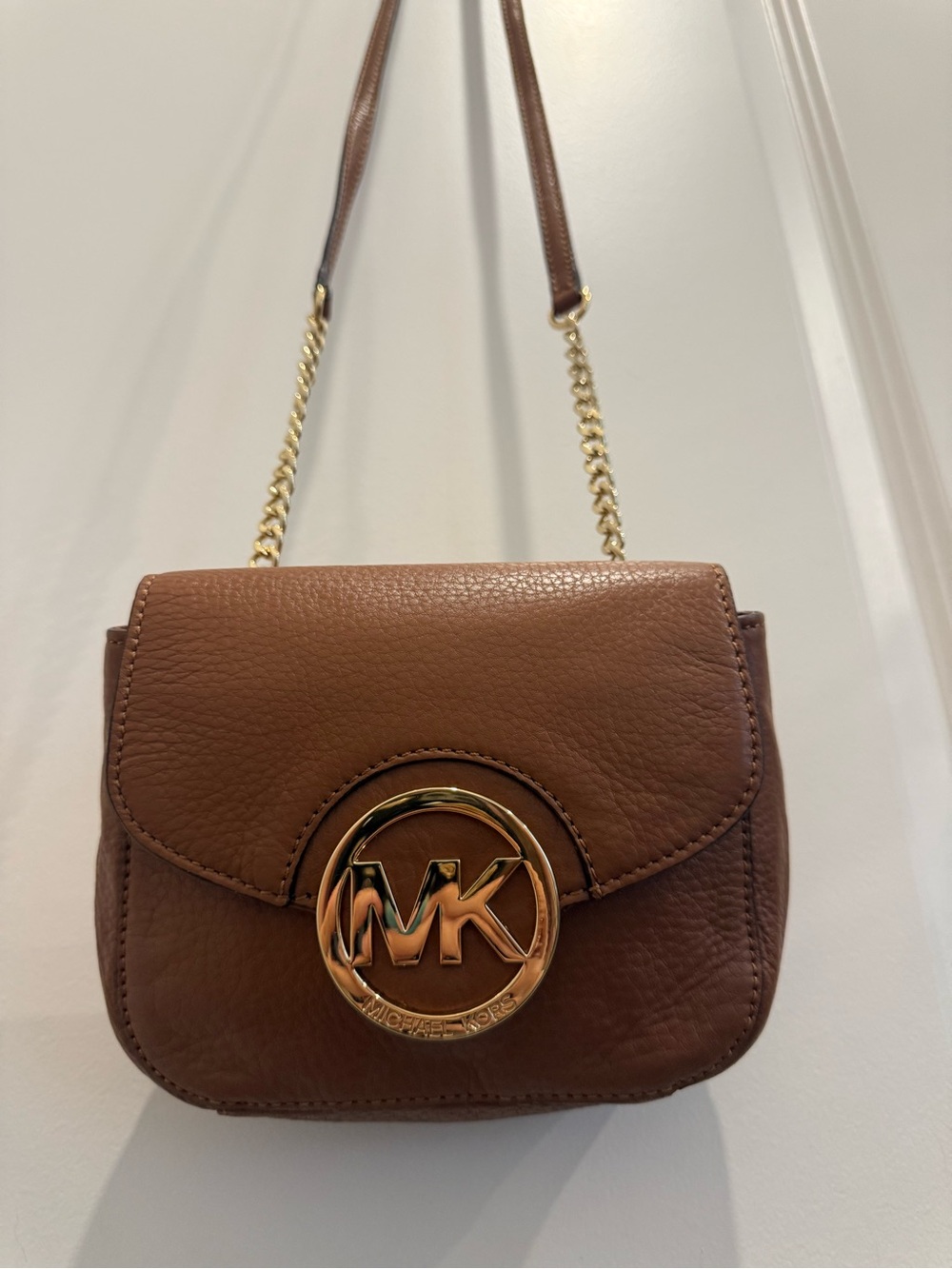 Michael Kors Chestnut Brown Pebbled Leather MK Circle Logo Crossbody